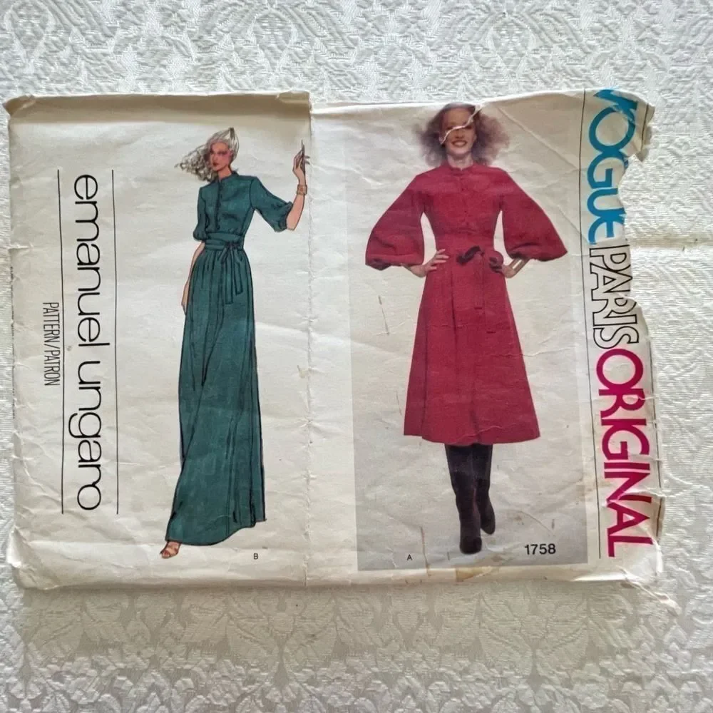 UNCUT 1978 Emanuel UNGARO VOGUE Paris Original 1758 Shirtdress Pattern Sz12 VTGE